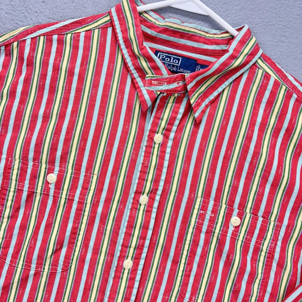 VTG Ralph Lauren Shirt Mens 2XL Red Multicolor Stripe Long Sleeve Chin strap